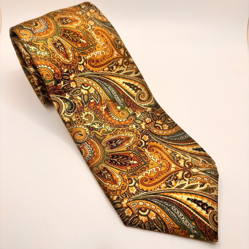Brioni Men's Extra Long Silk Necktie Paisley Gold Olive Green Rust Italy 62"